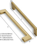 Diagram of Six Pack 6 Inch Center To Center Brushed Brass Cabinet Pulls showing dimensions and solid metal design.