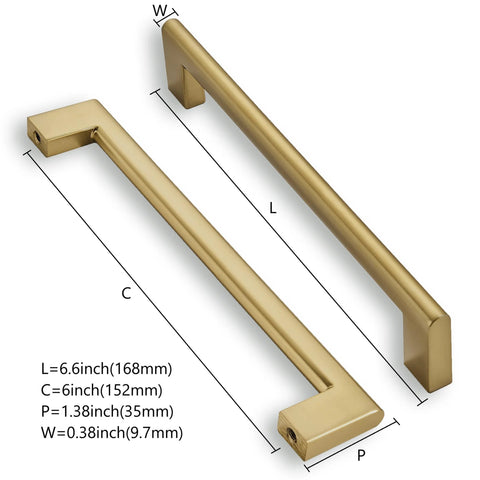Diagram of Six Pack 6 Inch Center To Center Brushed Brass Cabinet Pulls showing dimensions and solid metal design.