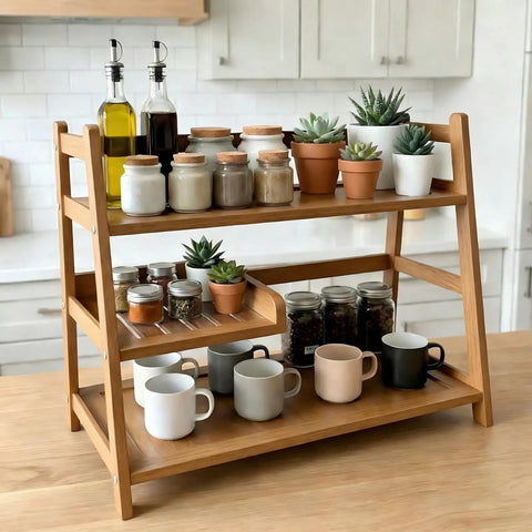 Three Tier Bamboo Matcha Station Organizer For Kitchen Countertop And Tea Bar All In One Shelf For Matcha Powder Whisk Spoons And Cups Coffee Bar Accessories Clutter Free Home Barista Setup showing mugs and jars