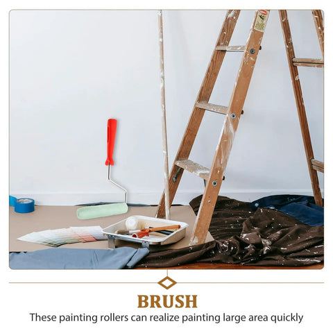 Easy Peasy Mini Paint Roller Brush With Comfy Handle For Smooth Ceiling And Cabinet Repainting Precision Edge Tool next to a paint supplies