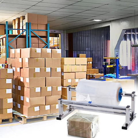 Table Stretch Film Dispenser in stainless steel adjustable 20 to 80 cm width one hand cutter in warehouse setting