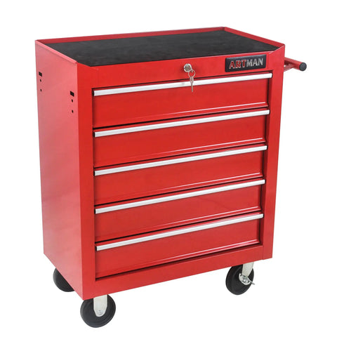 Front view of 29 Inch Sturdy Steel Rolling Tool Chest With Drawers And Ball Bearing Slides, Brake Wheels, Red Garage Tool Storage Cabinet