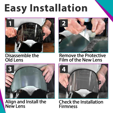Easy installation steps for Large Viewing Screen Replacement Lens Set For LYG Q800D Welding Helmet with 10 lenses.