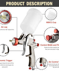 Pro Grade LVLP Spray Gun With Swappable 1.3 To 2.0 Millimeter Nozzles And Integrated Pressure Regulator with 600cc cup