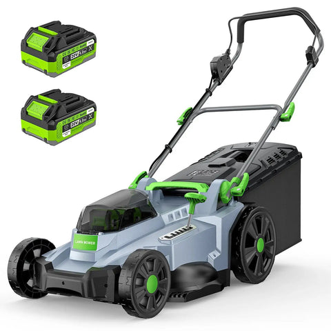 Powerful Cordless Lawn Mower With 17 Inch Deck Walk Behind Electric 4.0 Ah Battery Powered 6 Adjustable Cutting Heights 50L Grass Bag Brushless Motor No Gas Or Emissions No Fumes Easy Start For Yard Garden Patio And Lawn shown with two batteries