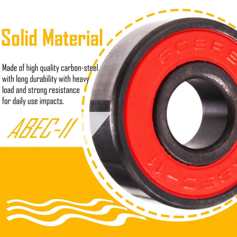 Close-up of Ceramic Skateboard Bearings High Speed 608 RS Double Shielded ABEC-11 8 Pack Set with red seal and solid material badge.