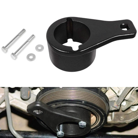 Crankshaft Damper Pulley Holding Tool with 2 crank bolts for Toyota and Lexus, shown in use on harmonic pulley.