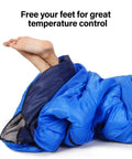 Feet exiting 4 Season Sleeping Bag With Pillow For Camping And Backpacking, Lightweight And Cozy Yet Warm, Waterproof And Washable