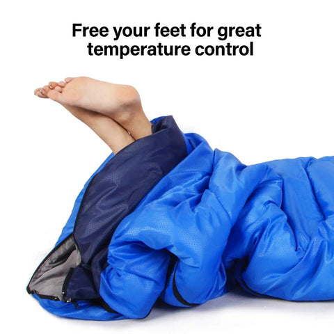 Feet exiting 4 Season Sleeping Bag With Pillow For Camping And Backpacking, Lightweight And Cozy Yet Warm, Waterproof And Washable