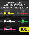 Wood Castle Golf Tees Set Mixed Colors, Step Down Training Tees In 1 Inch, 1 And A Quarter Inch, 1 And Three Quarter Inch, 2 Inch, And 2 And Three Eighths Inch Heights, High Visibility For Men And Women, 100 Pack neon colors display.