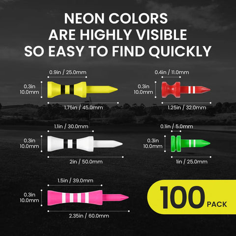 Wood Castle Golf Tees Set Mixed Colors, Step Down Training Tees In 1 Inch, 1 And A Quarter Inch, 1 And Three Quarter Inch, 2 Inch, And 2 And Three Eighths Inch Heights, High Visibility For Men And Women, 100 Pack neon colors display.