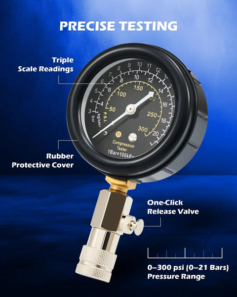 8-Piece Gas Engine Cylinder Pressure Test Kit With 300 PSI Dual Gauge, All-In-One Compression Tester Set For Cars And Small Engines, Includes Adapters, Connectors, And Flexible Extension Hose. 3 in. gauge, rubber cover