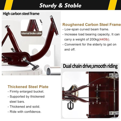 High carbon steel frame of Three Wheel Pedal Tricycle Cruiser for Seniors and Adults, with dual chain drive and internal brake cable.