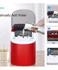 Fast Freeze Countertop Ice Maker Produces Nine Fresh Cubes In Eight Minutes manual water fill with ice cubes visible in red design
