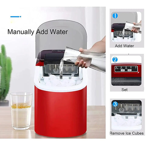 Fast Freeze Countertop Ice Maker Produces Nine Fresh Cubes In Eight Minutes manual water fill with ice cubes visible in red design