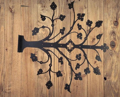 Kick Ass Wrought Iron Door Hinges With Glossy Black Powder Coating decorative tree design for farmhouse and barn gates.