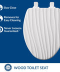 Rainfall Style Slow Close Toilet Seat With Easy Clean Hinges And Durable Wood Seat Elongated White For A Modern Bathroom Upgrade Made In USA No Tools Required For Simple Home Upgrade, top view with textured surface