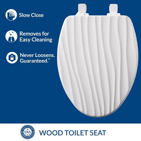 Rainfall Style Slow Close Toilet Seat With Easy Clean Hinges And Durable Wood Seat Elongated White For A Modern Bathroom Upgrade Made In USA No Tools Required For Simple Home Upgrade, top view with textured surface