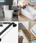 Heavy Duty 12 Inch Shower Grab Bar Built Tough For Solid Non Slip Bathroom Safety Support Rock Solid Stainless Steel Wall Mount Assist Handle In Sleek Black Finish, shown in bathroom and stair settings.