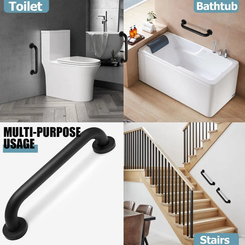Heavy Duty 12 Inch Shower Grab Bar Built Tough For Solid Non Slip Bathroom Safety Support Rock Solid Stainless Steel Wall Mount Assist Handle In Sleek Black Finish, shown in bathroom and stair settings.