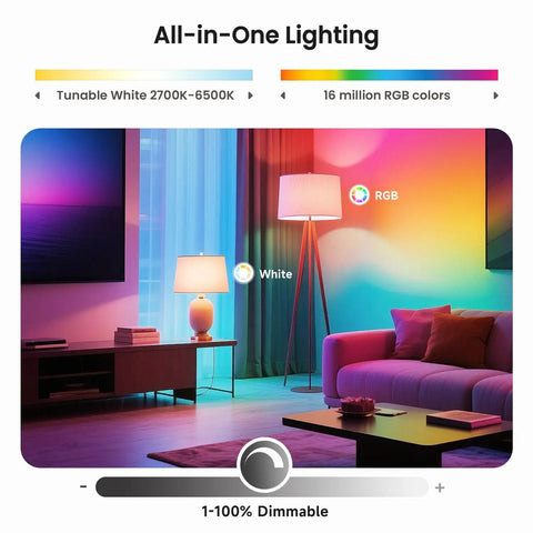 Dimmable Multicolor And White LED Bulb A19 E26 8W 60W Equivalent No Hub Needed Remote Control Via App Set Schedules Works