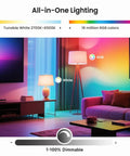 Colorful living room scene highlighting 4 Pack Smart LED Bulbs Color Changing A19 E26 Dimmable 9W 800 Lumen, UL Certified
