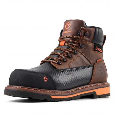 6 Inch Waterproof Composite Toe Work Boots For Men With Crazy Horse Leather Tough As Nails Goodyear Welt Slip Resistant EH Rated Heavy Duty Construction Boots For Industrial Roofing And Landscaping Side View