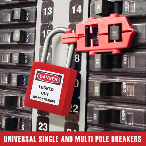 Twenty Pack Pro Grade Universal Circuit Breaker Lockout Devices for Single and Multi Pole Breakers on industrial panel