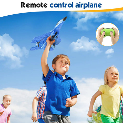 Child playing with Remote Control Airplane Toy For Outdoors 2CH 2.4Ghz RC Plane With Lights in a park setting