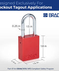 Red Keyed Different Lockout Padlock Set For OSHA Safety Lockout Tagout Kit with dimensions and Brady logo displayed.