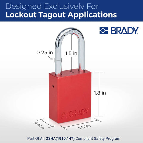 Red Keyed Different Lockout Padlock Set For OSHA Safety Lockout Tagout Kit with dimensions and Brady logo displayed.