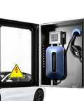 Premium EV Charger Cover Outdoor Lock Box With Tempered Viewing Panel And Ventilated Side Doors To Shield Your Rig From Elements Plus Plug N Play Ready For Standard Home Stations 20X10X35, open view with charger and display.