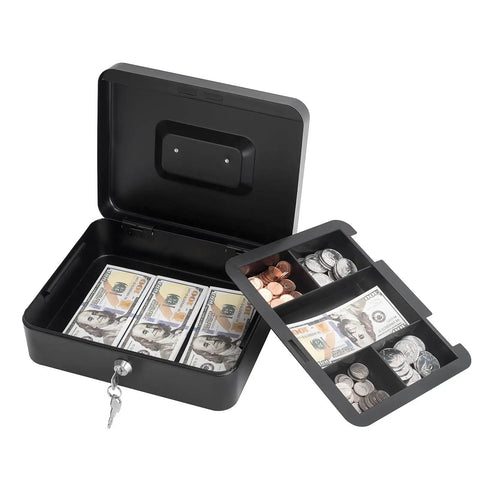 Open sturdy locking cash box with pull out tray and five compartment organizer large metal safe box for cash keys and jewelry black sized 9.84 by 7.87 by 3.54 inches