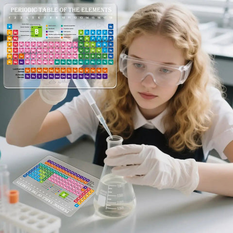 Student using pocket size 9 by 12 inch periodic table card chemistry reference chart acrylic atomic number guide in lab