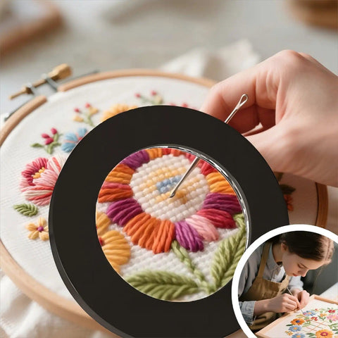 Person using Desk Lamp With Built In 10X Magnifying Glass, 72 LED Lights for detailed embroidery work at home or office