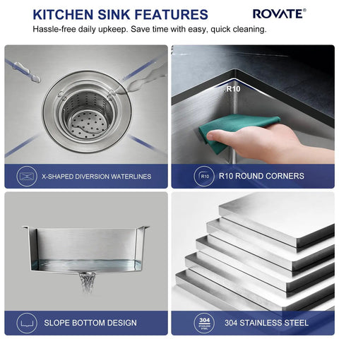 Undermount Stainless Steel Kitchen And Bar Sink Single Bowl 304 Grade features X-shaped lines, R10 corners, slope bottom.
