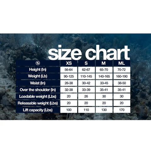 Pro HD Dive BCD For Women With SURELOCK II Weight Release System size chart showing XS to ML measurements and capacities