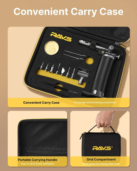 Pro Grade Butane Torch Kit With 16 Pieces, Cordless Soldering Iron, shown in non-slip leather case with tools and handle