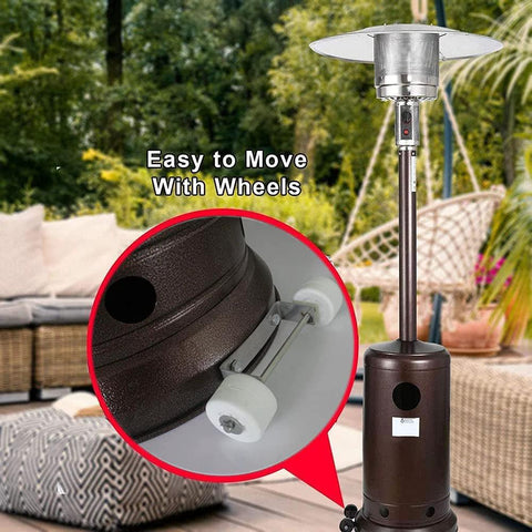 Front view of patio heater wheel replacement set with white wheels and stainless steel bracket.