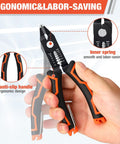 Hand holding Wire Stripper And Cutters 6 Inch Tool For 10-22 AWG Wire With Flush Cutters Safety Lock, ergonomic design visible.