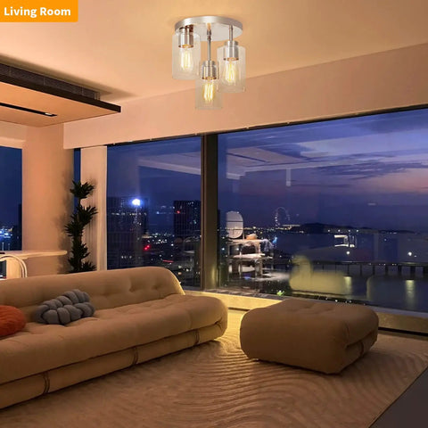 Living room with Semi Flush Mount Ceiling Light 3 Light Brushed Nickel With Clear Glass Shades, modern decor and city view