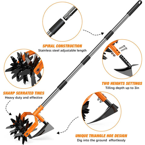 2 In 1 Garden Cultivator And Weeder With Upgraded Triangle Hoe And Adjustable Long Handle featuring blade details