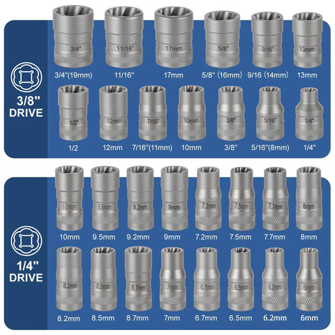 Upgrade Bolt Extractor Kit For Damaged Bolts And Nuts, 32 Piece Socket Set with 1/4 Inch and 3/8 Inch Adapters, various sizes shown