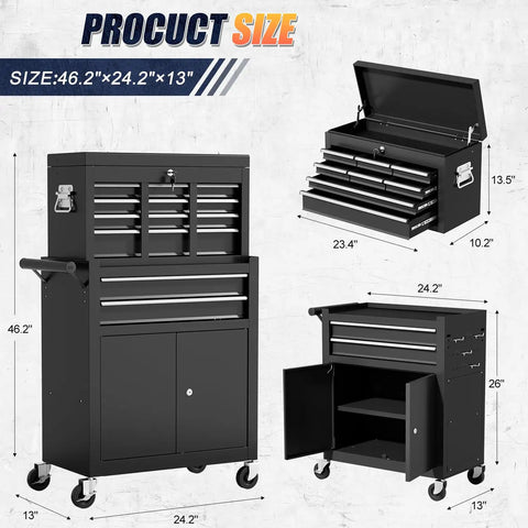 Heavy Duty 10 Drawer Rolling Tool Chest With Wheels, Lockable 2-in-1 Tool Box And Cart, detachable top and bottom, 46.2x24.2x13 in