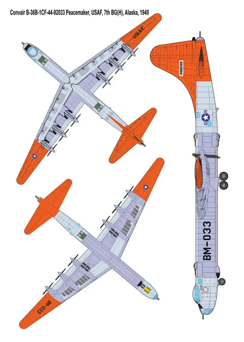Illustration of Convair B-36B Peacemaker Early 1/144 Scale Plastic Model Kit for hobbyists, showcasing top and side views.