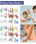Totally Cool 98 Piece Science Party Favors Bundle displayed with tattoo stickers on kids' arms in lab theme setting.