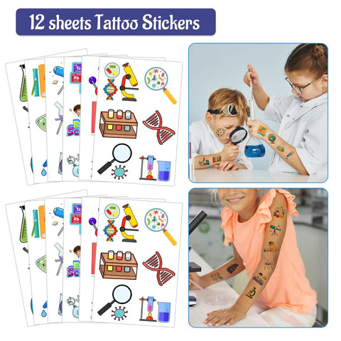 Totally Cool 98 Piece Science Party Favors Bundle displayed with tattoo stickers on kids' arms in lab theme setting.