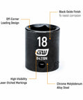 18mm socket from 44 Piece 3/8 Inch Drive 6 Point Socket Set With Standard And Deep Impact Sockets In SAE And Metric Sizes For Auto Shop Jobs Built From Chrome Molybdenum Alloy Steel For Lasting Strength, showing laser-etched markings and black oxide finish.