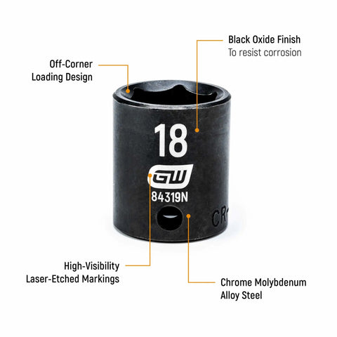 18mm socket from 44 Piece 3/8 Inch Drive 6 Point Socket Set With Standard And Deep Impact Sockets In SAE And Metric Sizes For Auto Shop Jobs Built From Chrome Molybdenum Alloy Steel For Lasting Strength, showing laser-etched markings and black oxide finish.