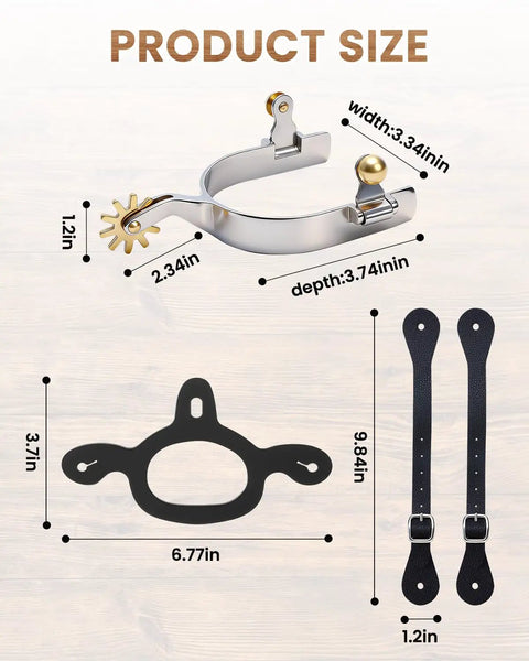 Diagram of Two Pack Cowboy Boot Spurs With Rotatable Gear Plus Belt Straps And Tie Down Straps Stainless Steel Western Spurs